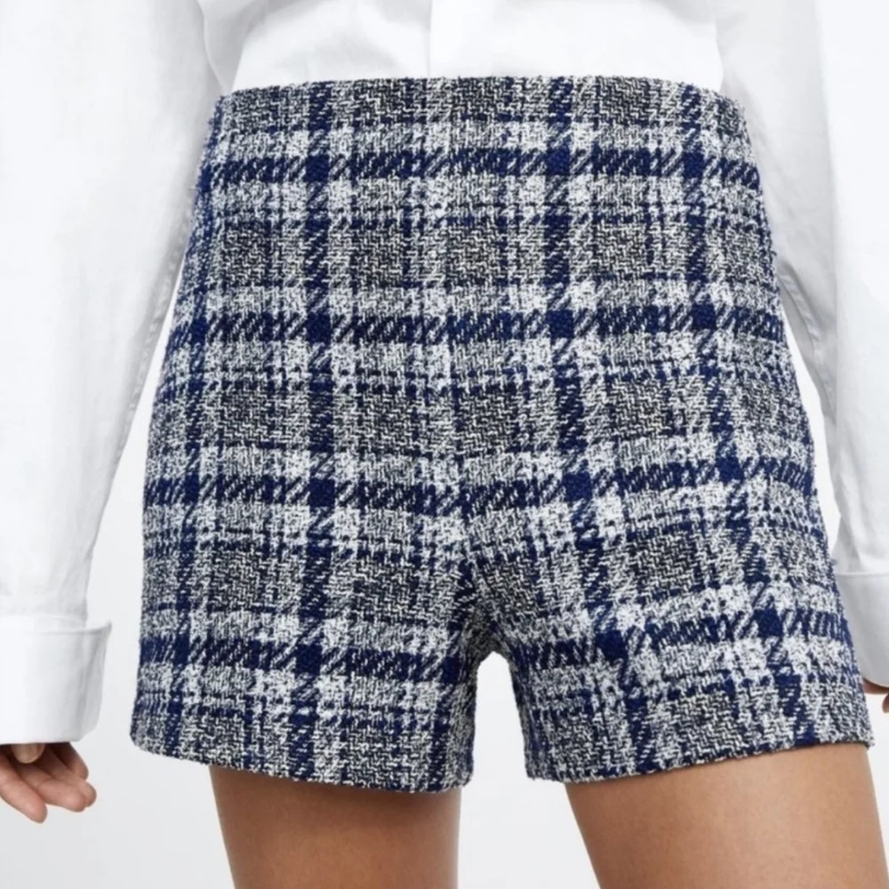 Zara High Waist Tweed Plaid Shorts‎ Blue/Gray/White. NO STRETCH.